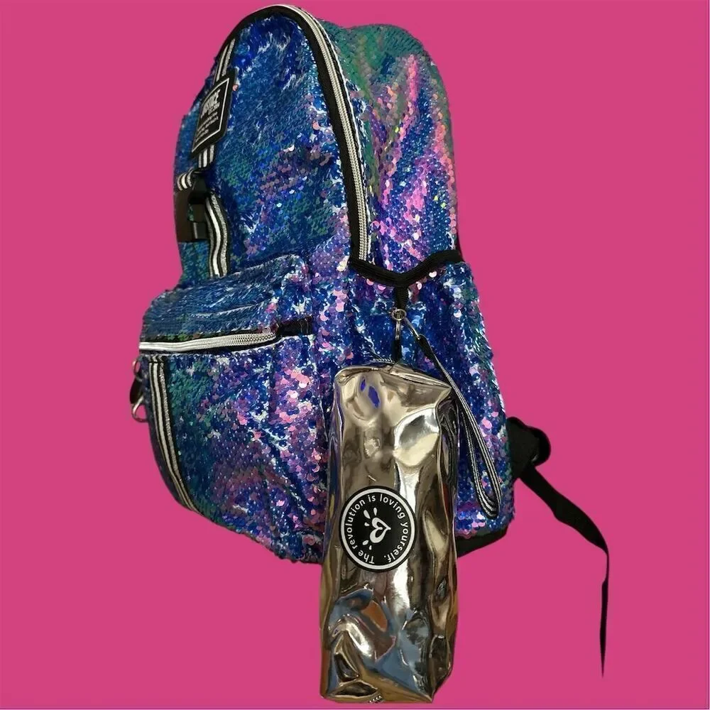 Justice Girls Large Pink Blue Sequin Backpack Multicolor Front Zipper Pocket